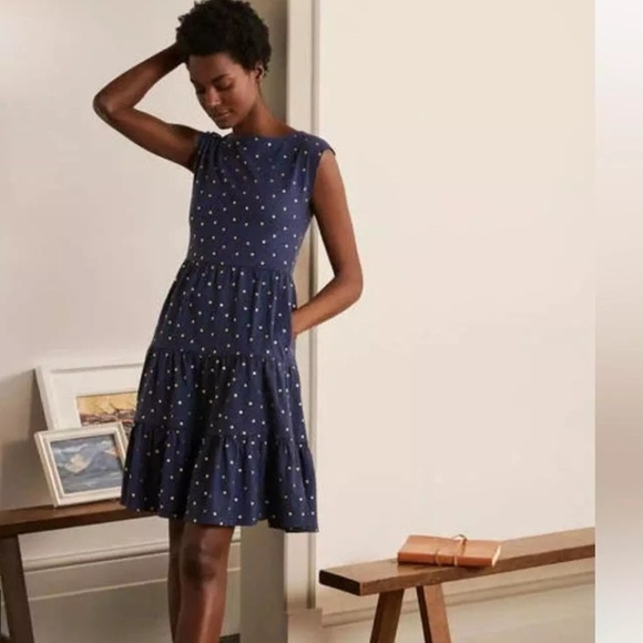 STYLISH BODEN ROMAINE‎ SLEEVELESS DRESS BLUE W/ GOLD POLKA DOTS TIERED SKIRT EUC - Picture 1 of 15